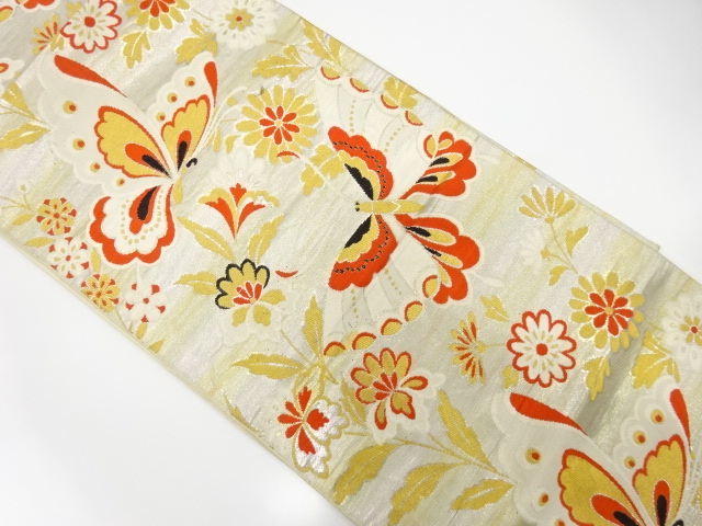 JAPANESE KIMONO / ANTIQUE FUKURO OBI / SILK / WOVEN BUTTERFLY & FLOWER